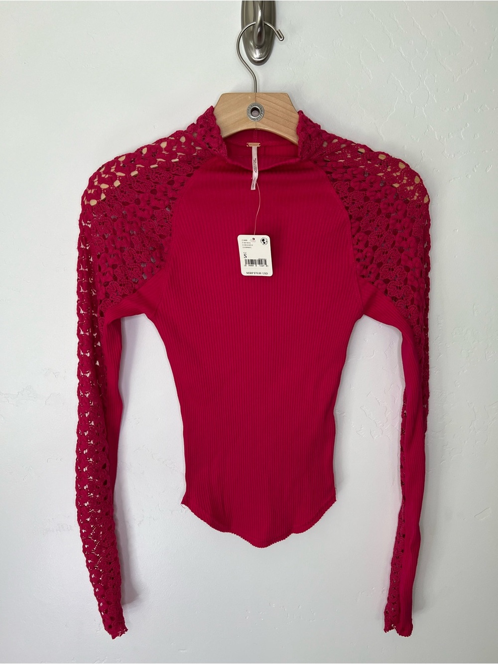Free People NWT Clemente mock neck ribbed top with Crochet-Lace long Sleeves